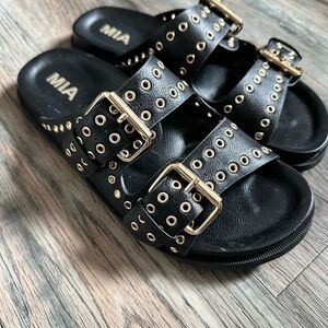 MIA Black Sandals with Gold Buckles